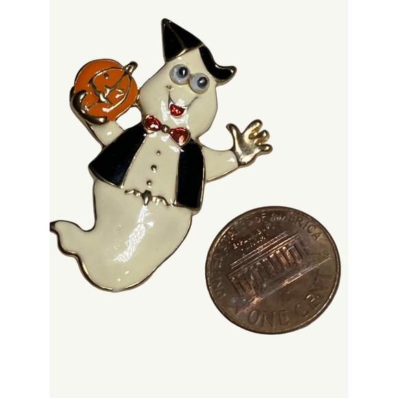 Halloween Pin Brooch Ghost Wearing Top Hat & Holding Pumpkin - Picture 4 of 6